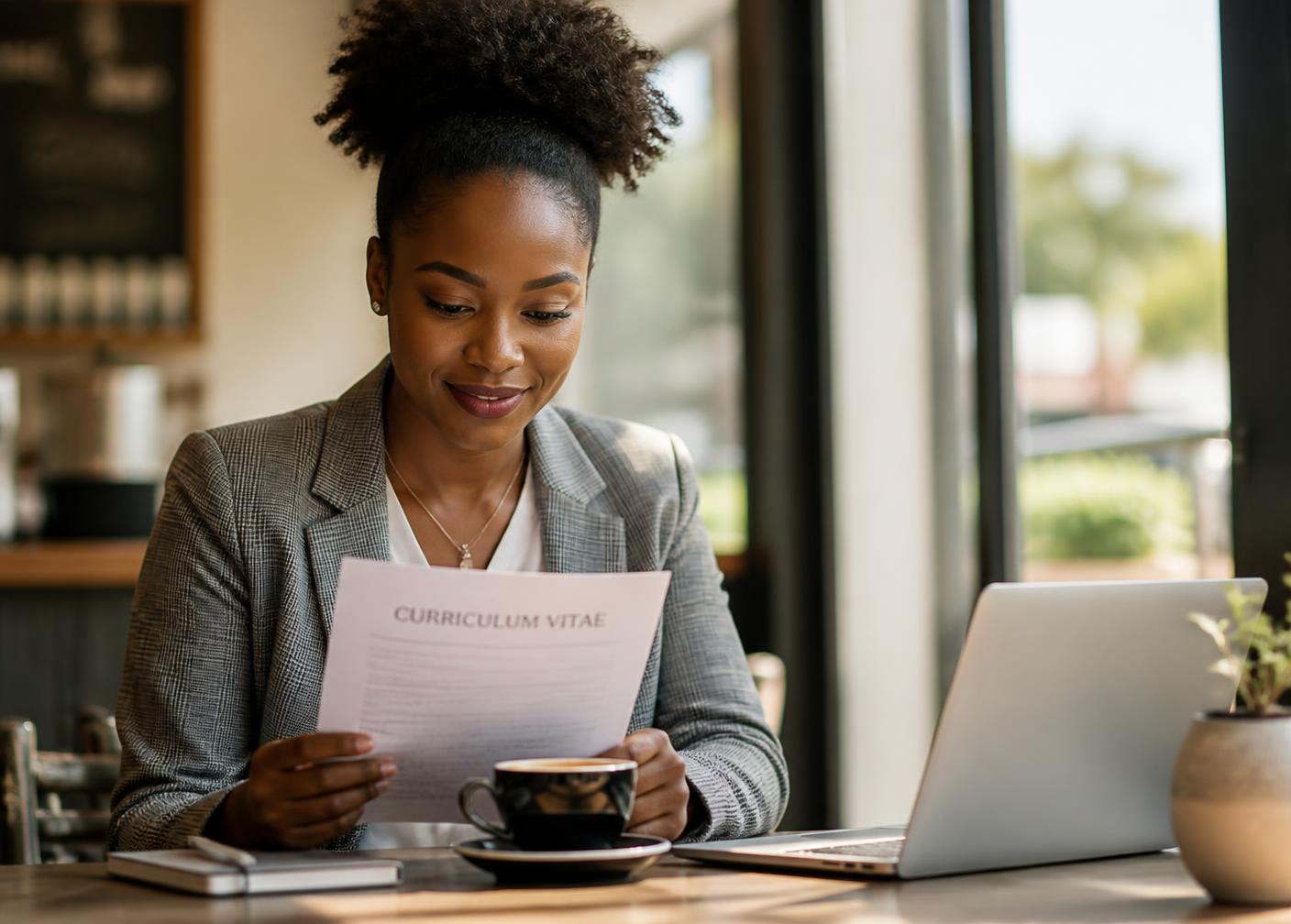 A professional reviewing her CV while preparing for an interview